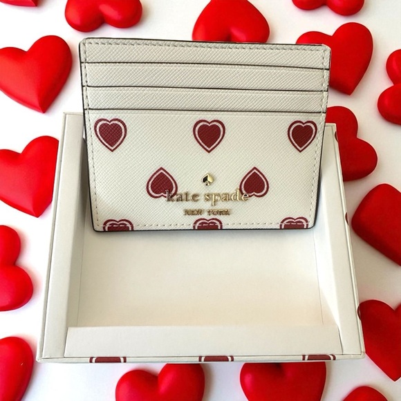 Kate Spade Madison Heartfelt Geo Cream & Red Card Holder New in Box - Picture 2 of 16